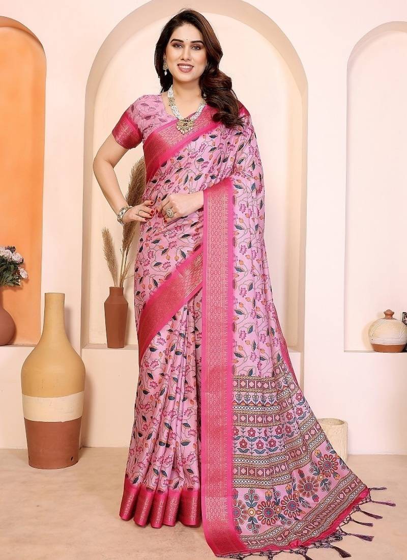 pink print work cotton blend saree