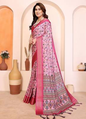 pink print work cotton blend saree 2