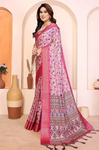 pink print work cotton blend saree