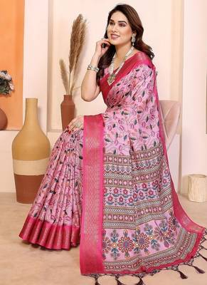 pink print work cotton blend saree 3