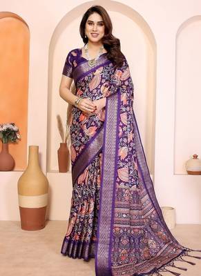 purple color print work cotton blend saree 1