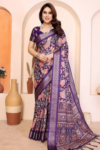 purple print work cotton blend saree