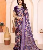 purple color print work cotton blend saree