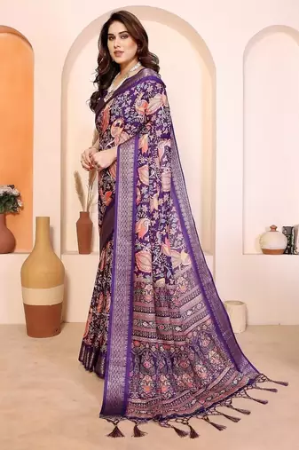 purple color print work cotton blend saree