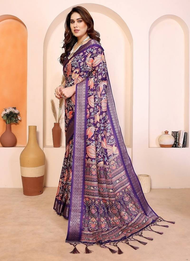 purple color print work cotton blend saree