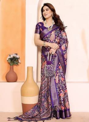 purple color print work cotton blend saree 3