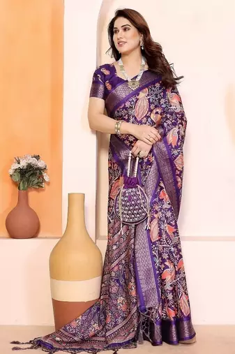 purple color print work cotton blend saree
