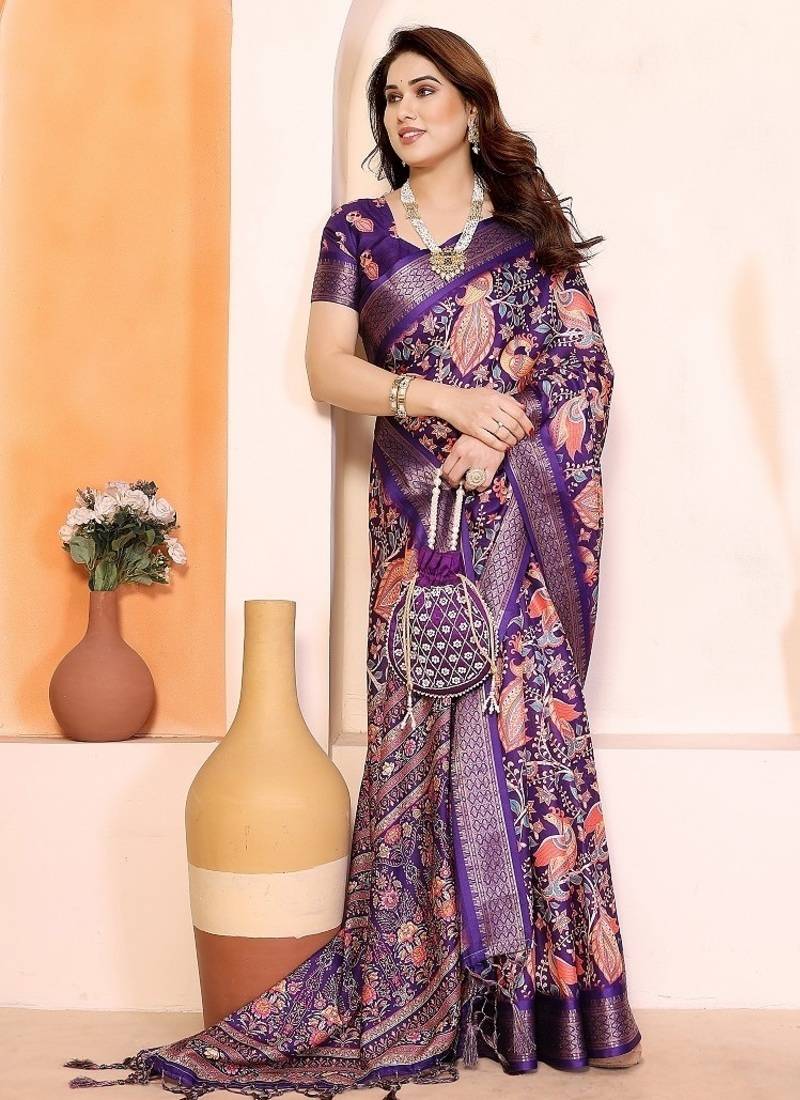 purple color print work cotton blend saree