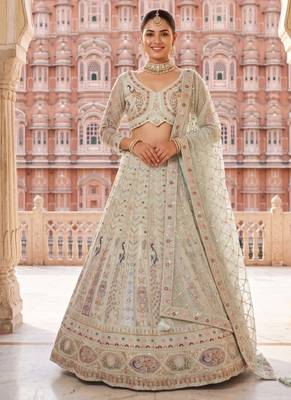 Designer Pastel Mint Lehenga Choli with Heavy Thread & Zari Embroidery, Perfect for Bridal & Festive Occasions 1
