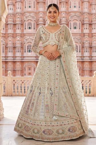 Designer Pastel Mint Lehenga Choli with Heavy Thread & Zari Embroidery, Perfect for Bridal & Festive Occasions