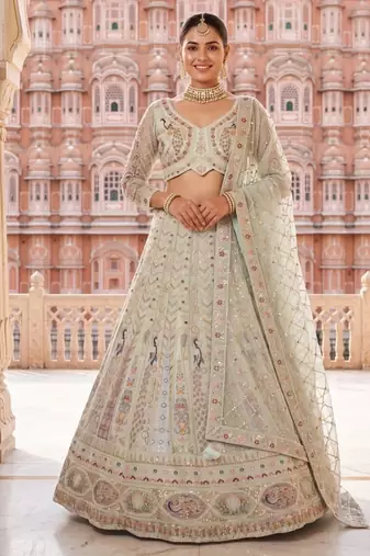 Designer Pastel Mint Lehenga Choli with Heavy Thread & Zari Embroidery, Perfect for Bridal & Festive Occasions
