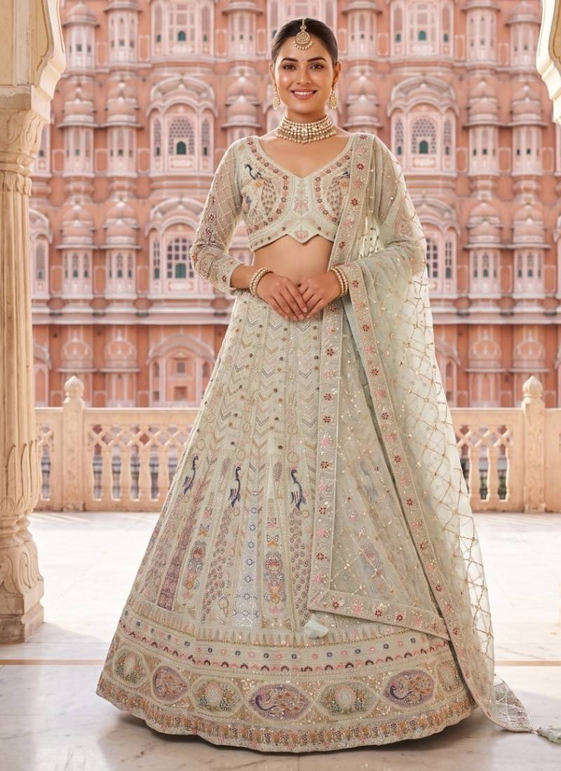 Designer Pastel Mint Lehenga Choli with Heavy Thread & Zari Embroidery, Perfect for Bridal & Festive Occasions