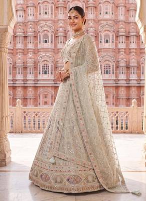 Designer Pastel Mint Lehenga Choli with Heavy Thread & Zari Embroidery, Perfect for Bridal & Festive Occasions 2