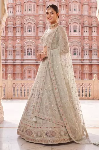 Designer Pastel Mint Lehenga Choli with Heavy Thread & Zari Embroidery, Perfect for Bridal & Festive Occasions