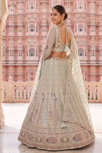 Designer Pastel Mint Lehenga Choli with Heavy Thread & Zari Embroidery, Perfect for Bridal & Festive Occasions