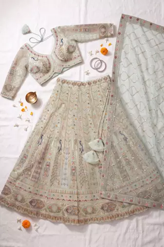 Designer Pastel Mint Lehenga Choli with Heavy Thread & Zari Embroidery, Perfect for Bridal & Festive Occasions