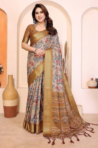 yellow print work cotton blend saree