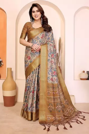 yellow print work cotton blend saree