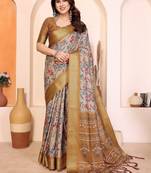 yellow print work cotton blend saree
