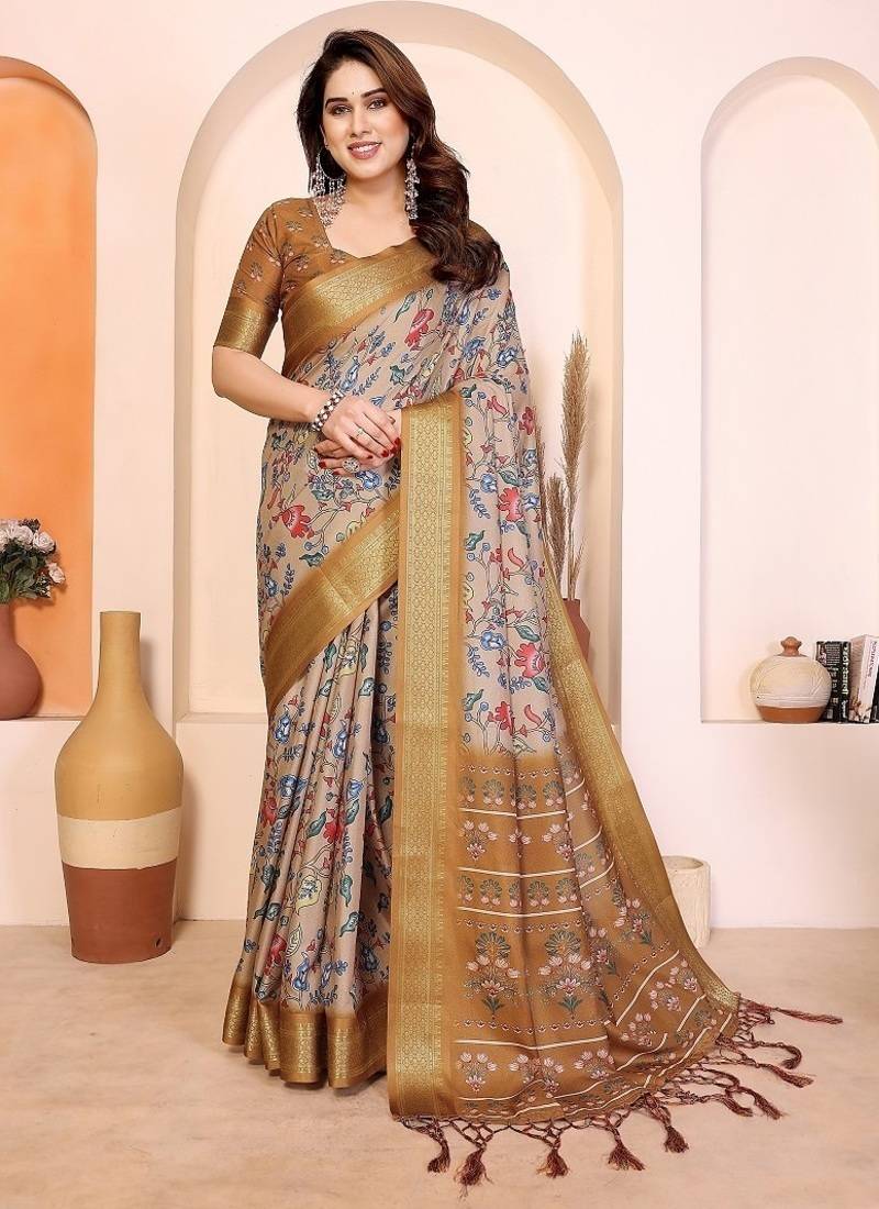yellow print work cotton blend saree