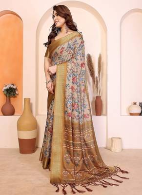 yellow print work cotton blend saree 2