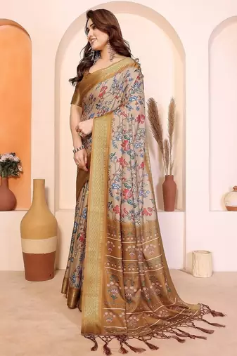 yellow print work cotton blend saree
