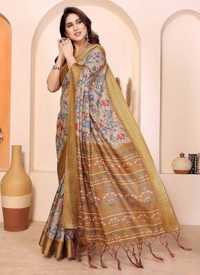 yellow print work cotton blend saree 3
