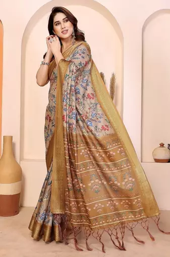 yellow print work cotton blend saree