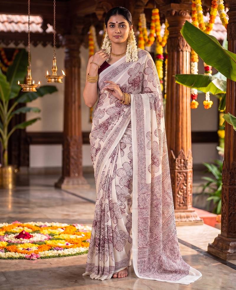 Graceful satin silk blend floral printed saree