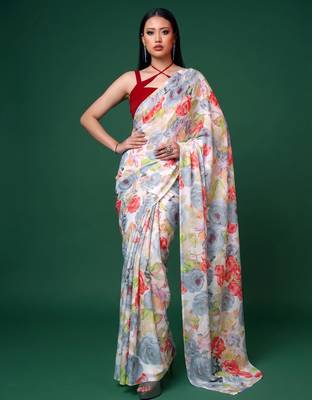 Women's dull satin floral printed saree with unstitched blouse piece 1