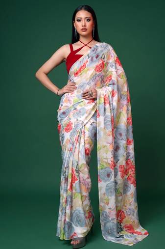Women's dull satin floral printed saree with unstitched blouse piece