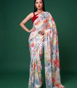 Women's dull satin floral printed saree with unstitched blouse piece