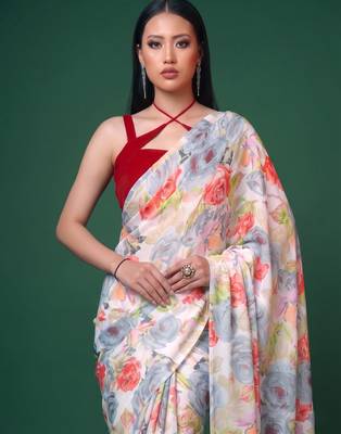 Women's dull satin floral printed saree with unstitched blouse piece 2