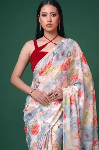 Women's dull satin floral printed saree with unstitched blouse piece
