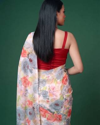 Women's dull satin floral printed saree with unstitched blouse piece 3
