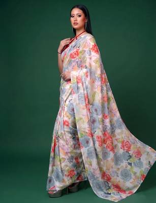 Women's dull satin floral printed saree with unstitched blouse piece 4