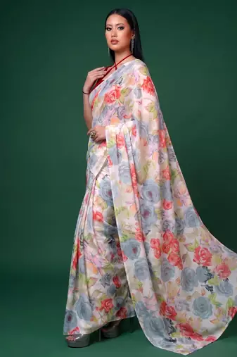 Women's dull satin floral printed saree with unstitched blouse piece