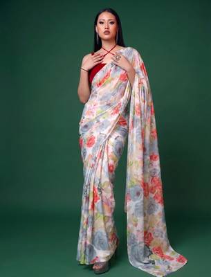 Women's dull satin floral printed saree with unstitched blouse piece 5