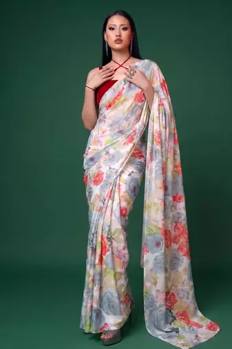 Women's dull satin floral printed saree with unstitched blouse piece