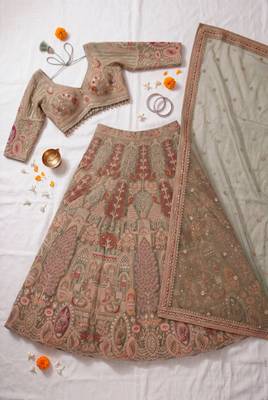 Sage Green Embroidered  Lehenga Choli Set 4