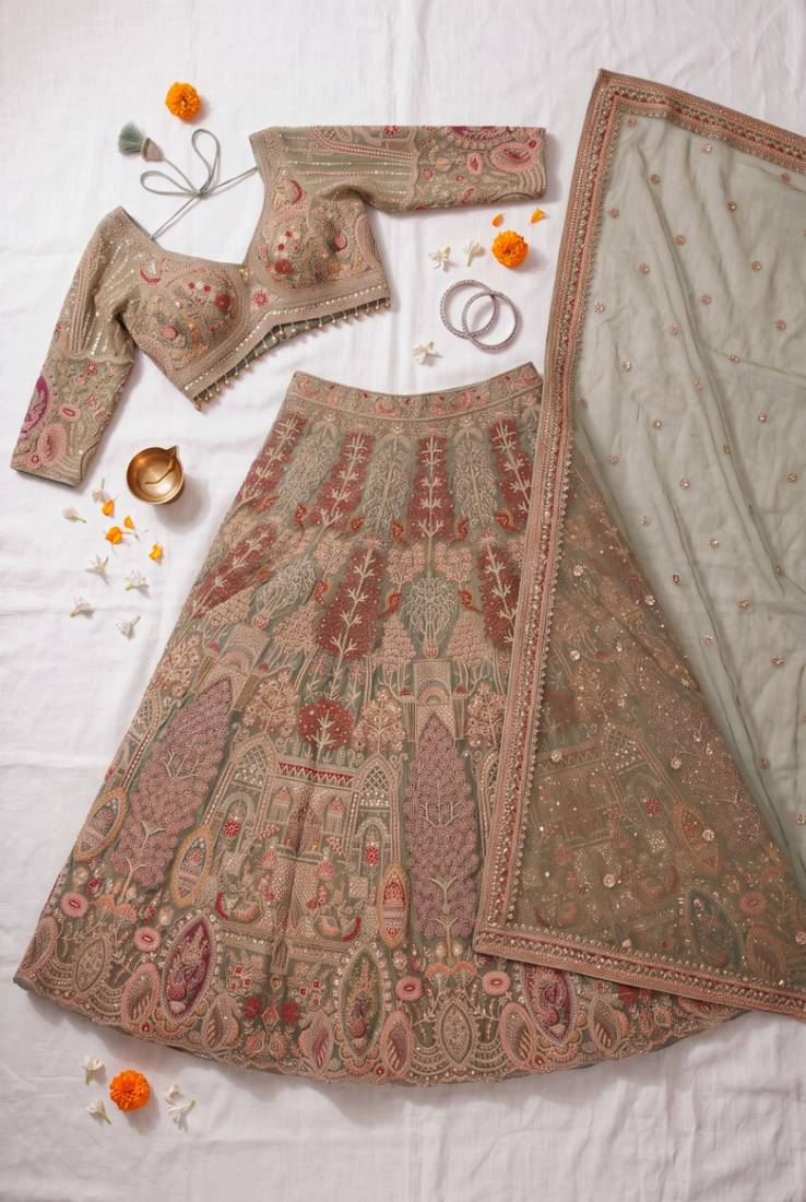 Sage Green Embroidered  Lehenga Choli Set