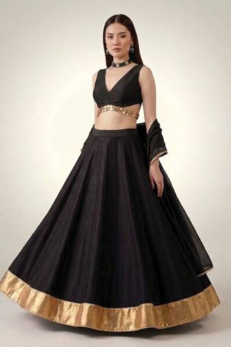 Black Embroidered Dupion Silk Lehenga Set