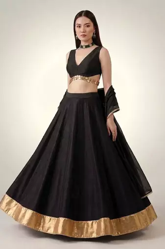 Black Embroidered Dupion Silk Lehenga Set