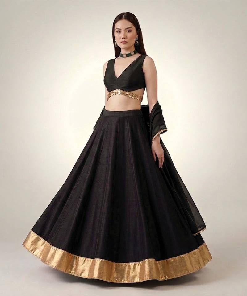 Black Embroidered Dupion Silk Lehenga Set