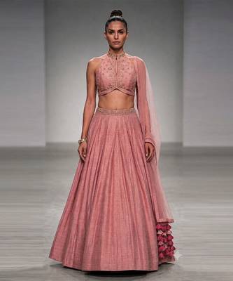 Mauve Pink Embroidered Pure Raw Silk Lehenga Set 1