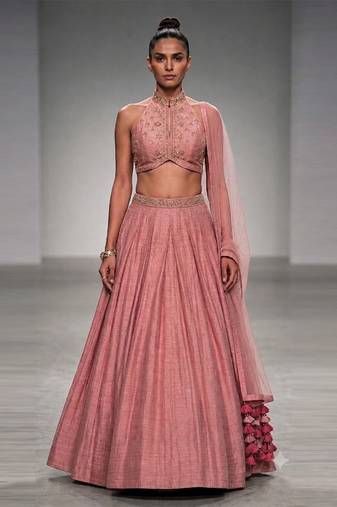 Mauve Pink Embroidered Pure Raw Silk Lehenga Set