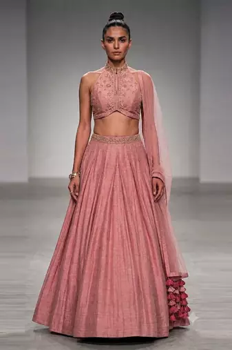 Mauve Pink Embroidered Pure Raw Silk Lehenga Set