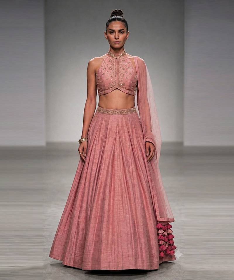 Mauve Pink Embroidered Pure Raw Silk Lehenga Set