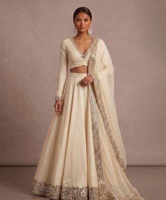 Ivory Embroidered Satin Linen Lehenga Set 1