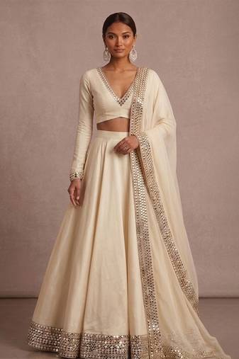 Ivory Embroidered Satin Linen Lehenga Set